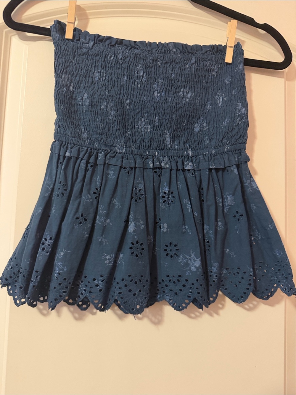 Sim&Sam Blue smocked eyelet tube top with ruffle. Size S